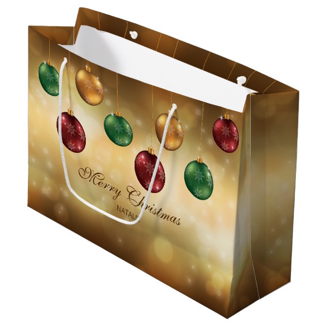 Colourful Christmas Baubles With Custom Text Large Gift Bag (Front Angled)