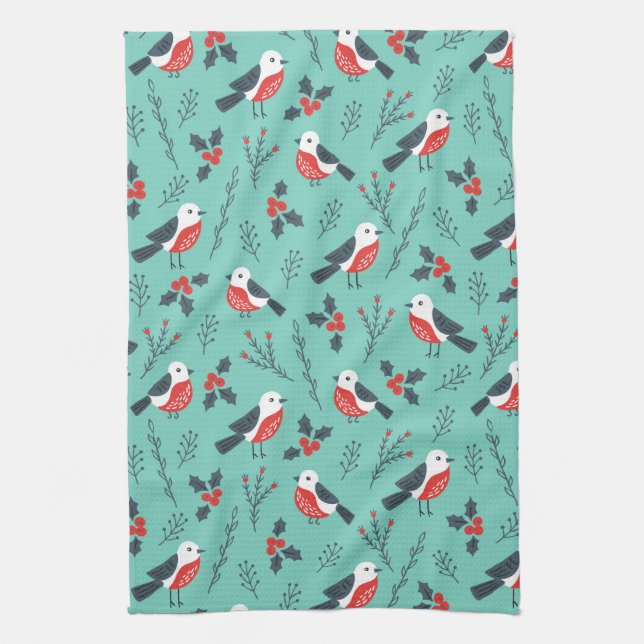 Colourful Christmas Birds & Winter Foliage Pattern Tea Towel (Vertical)