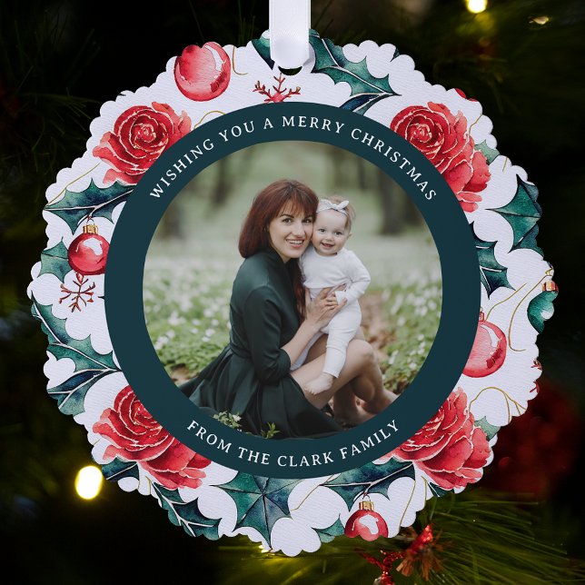 Colourful Christmas Botanical Floral Photo-Green Tree Decoration Card (Creator Uploaded)