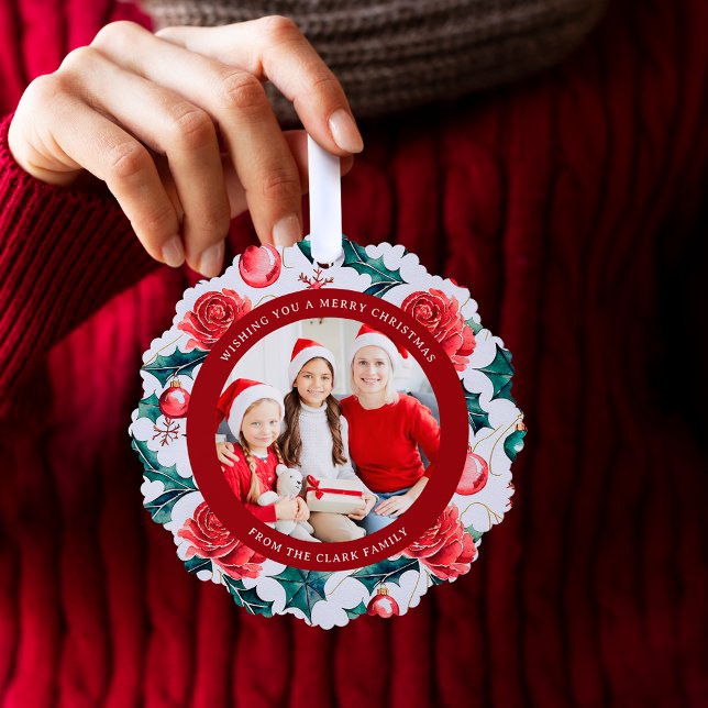 Colourful Christmas Botanical Floral Photo-Red Tree Decoration Card (Creator Uploaded)