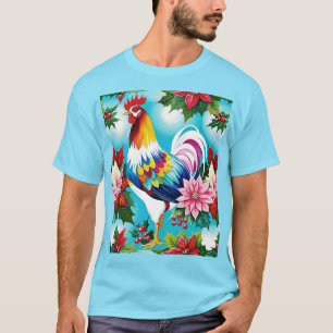 Colourful Christmas Chicken And Poinsettias T-Shirt