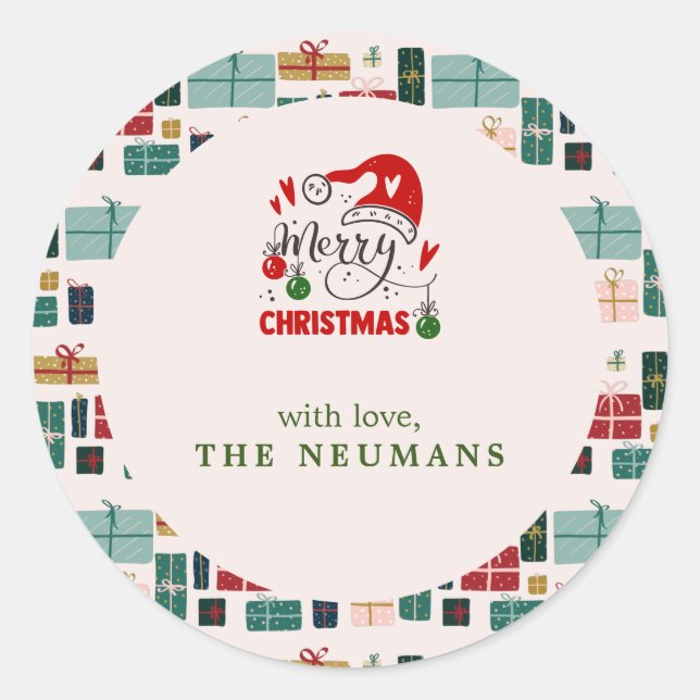 Colourful Christmas Gift Box Patterns Classic Round Sticker (Front)