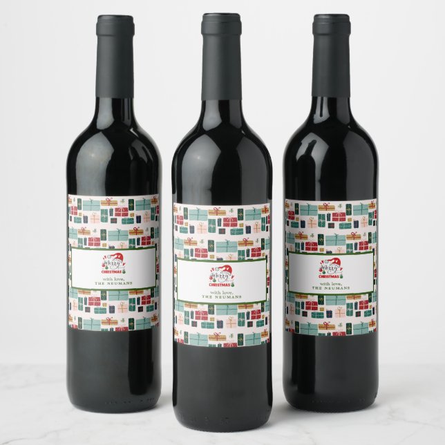 Colourful Christmas Gift Box Patterns Wine Label (Bottles)