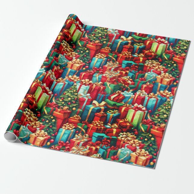 Colourful Christmas Gifts,  Holiday Tree Pattern  Wrapping Paper (Unrolled)