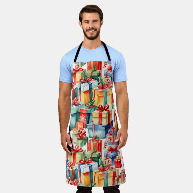 Colourful Christmas Gifts Watercolor  Pattern  Apron (Worn)