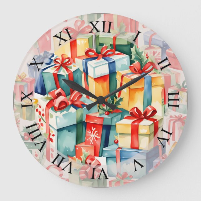 Colourful Christmas Gifts Watercolor  Pattern  Large Clock (Front)