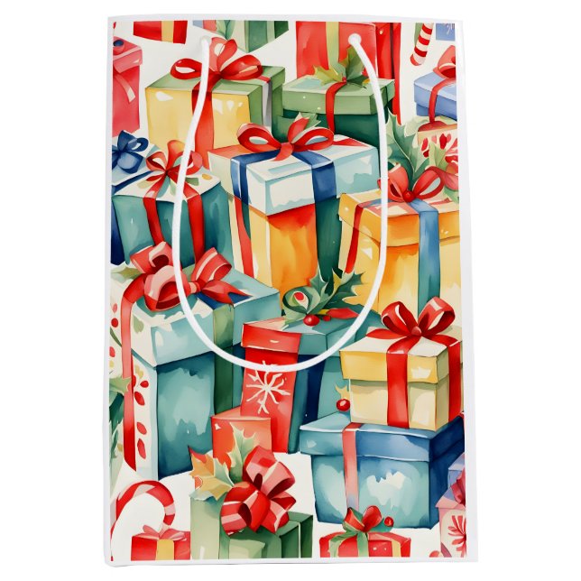 Colourful Christmas Gifts Watercolor  Pattern  Medium Gift Bag (Front)