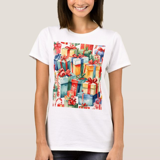 Colourful Christmas Gifts Watercolor  Pattern  T-Shirt (Front)