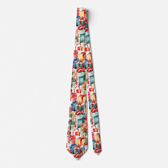 Colourful Christmas Gifts Watercolor  Pattern  Tie (Front)