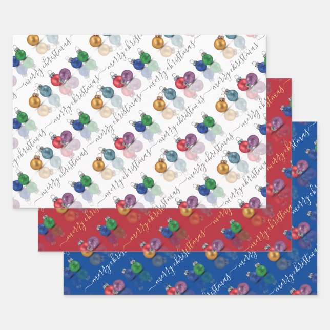 Colourful Christmas Glitter Ornaments Wrapping Paper Sheet (Set)