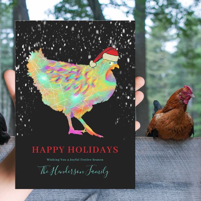 Colourful Christmas Hen Add Name  Holiday Card (Colorful Christmas hen wearing a santa hat farm animal art custom holiday greetings card)