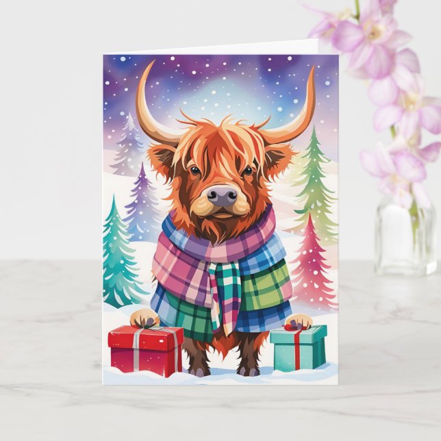 Colourful Christmas Highland Cow Card (Orchid)
