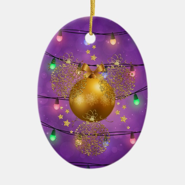 Colourful Christmas Lights & Golden Ornament Balls (Front)