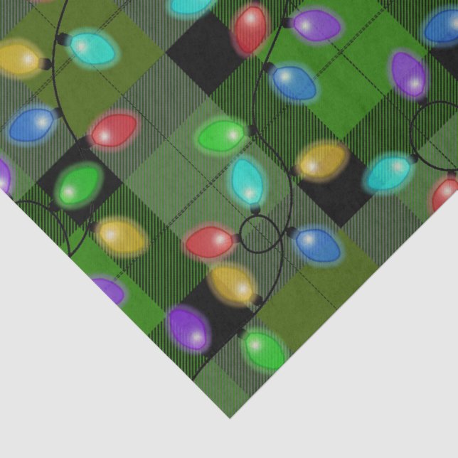 Colourful Christmas Lights Green Plaid Tissue Paper (Detail)
