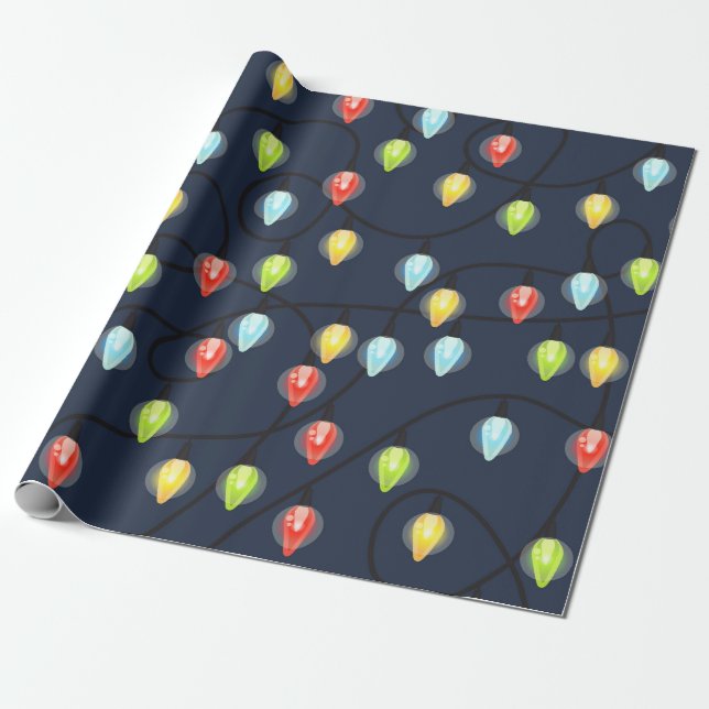 Colourful Christmas Lights on Navy Wrapping Paper (Unrolled)