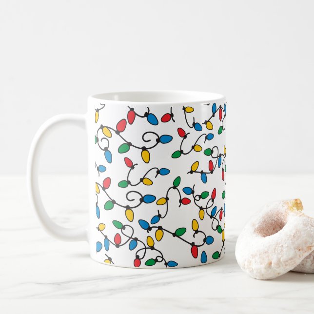 Colourful Christmas Lights Pattern Fun Holiday Mug (With Donut)