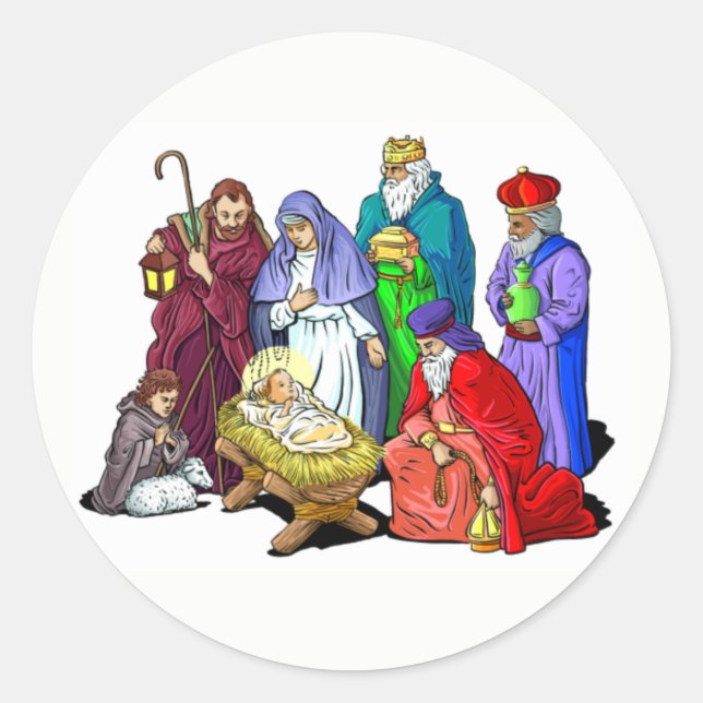 Colourful Christmas Nativity Scene Classic Round Sticker (Front)