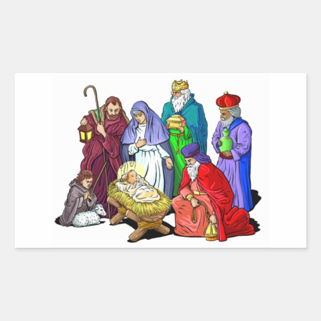 Colourful Christmas Nativity Scene Rectangular Sticker (Front)