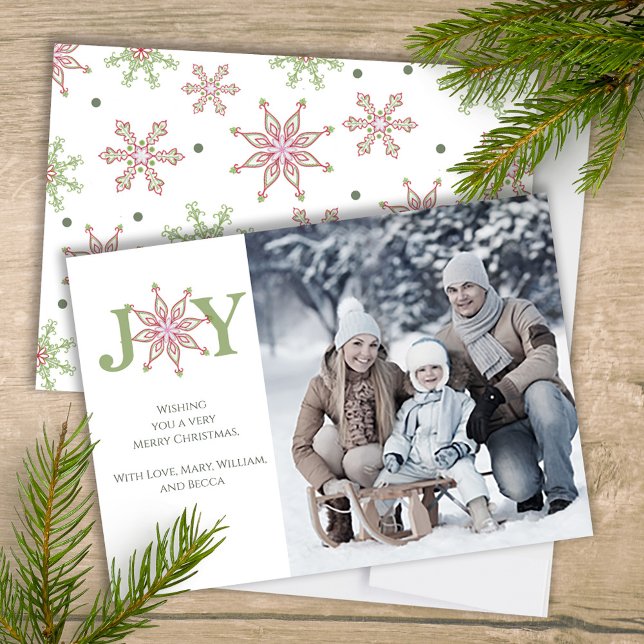Colourful Christmas One Photo Snowflakes Holiday Card (Christmas Joy typography single-photo holiday card with whimsical snowflakes. )