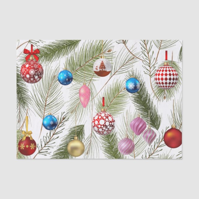 Colourful Christmas Ornaments and Pine Branches  Tissue Paper (Front)