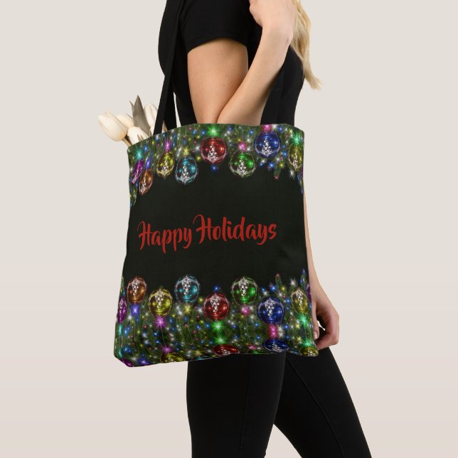 Colourful Christmas Ornaments Holidays Black Tote Bag (Close Up)
