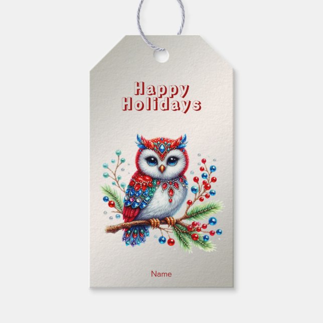 Colourful Christmas Owl Holiday Gift Tag (Front)