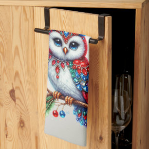 Colourful Christmas Owl Holiday Kitchen Towel