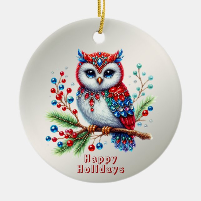 Colourful Christmas Owl Holiday Ornament (Front)