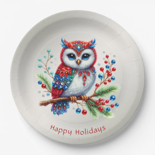 Colourful Christmas Owl Holiday Paper Plate