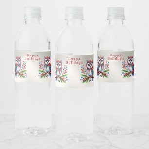 Colourful Christmas Owl Holiday Water Bottle Label