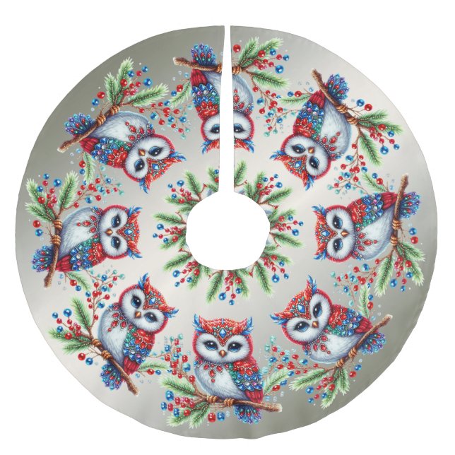 Colourful Christmas Owl Tree Skirt (Front)