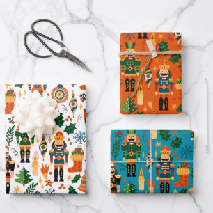Colourful Christmas Pattern With Nutcrackers Wrapping Paper Sheet