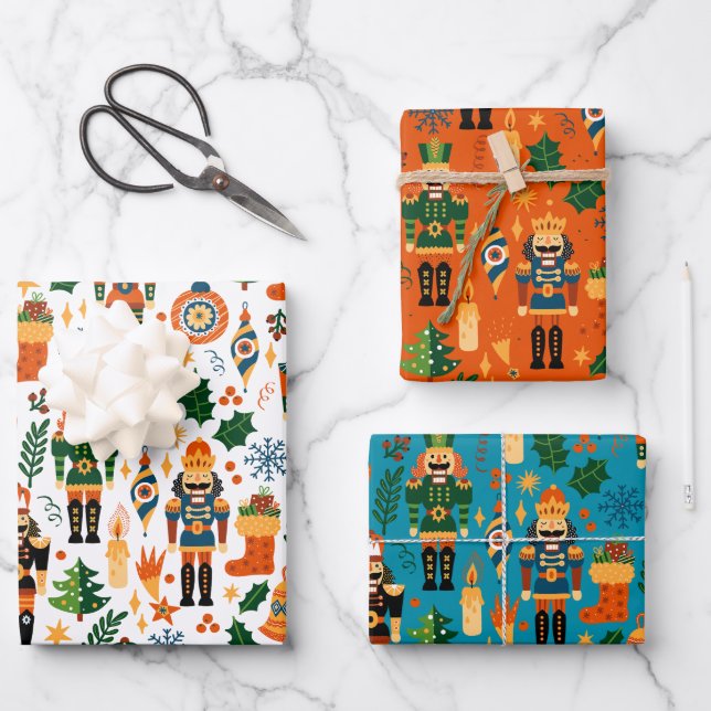 Colourful Christmas Pattern With Nutcrackers Wrapping Paper Sheet (Front)