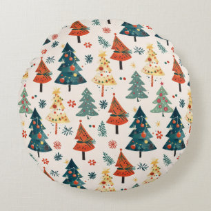 Colourful Christmas Pine Trees Seamless Pattern Round Cushion