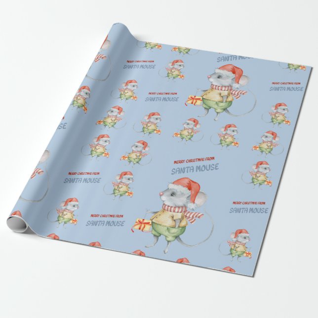 Colourful Christmas Santa Mouse greets you Wrapping Paper (Unrolled)