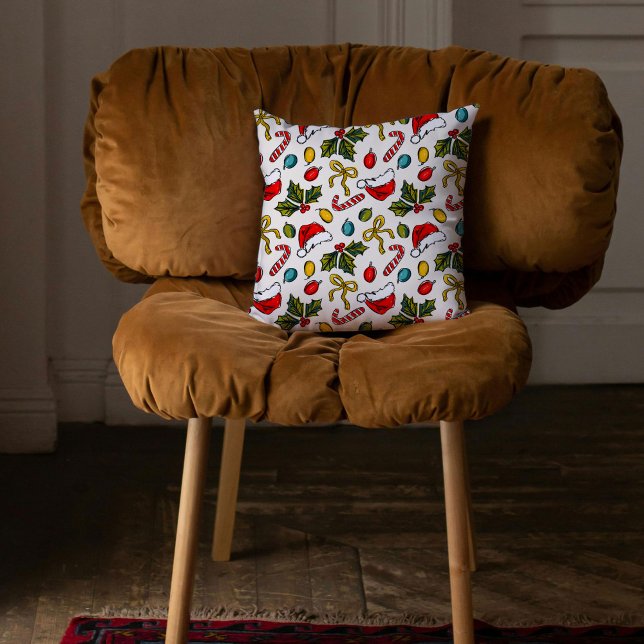Colourful Christmas Sketches Pattern Cushion (Colorful Christmas Sketches Hand-Drawn Pattern Throw Pillow)