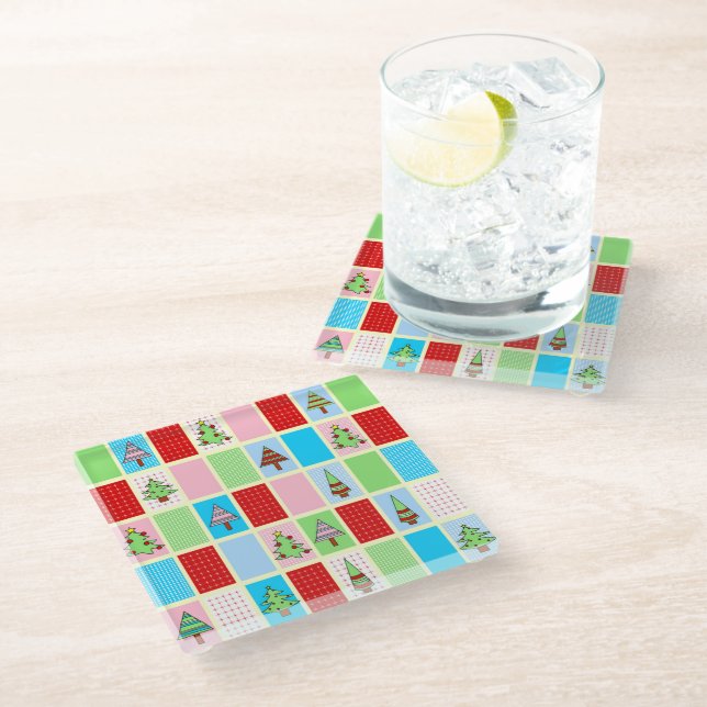 Colourful Christmas Squares Glass Coaster (Angled)