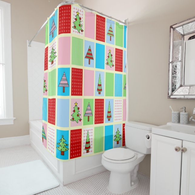 Colourful Christmas Squares Shower Curtain (In Situ)