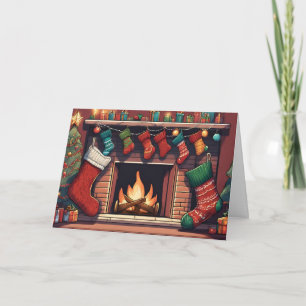 Colourful Christmas Stockings and Fireplace Holiday Card