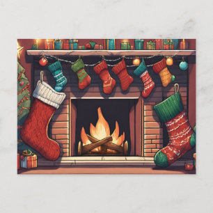 Colourful Christmas Stockings and Fireplace  Postcard