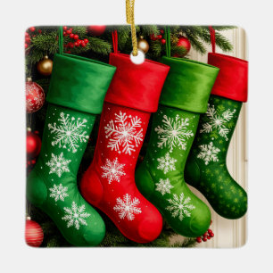 Colourful Christmas Stockings Hanging Together Ceramic Ornament