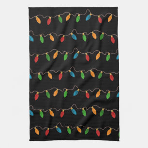 Colourful Christmas String Lights   Rustic Holiday Tea Towel