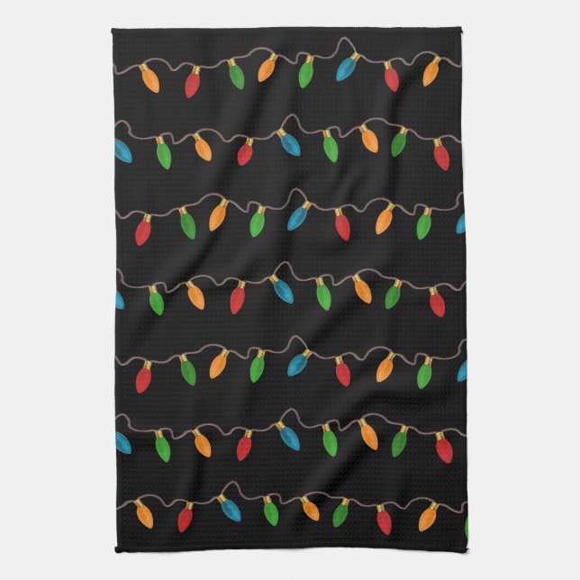 Colourful Christmas String Lights | Rustic Holiday Tea Towel (Vertical)