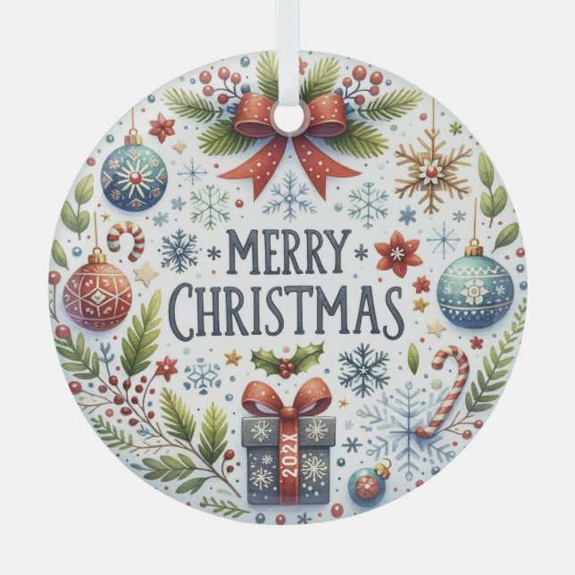 Colourful Christmas Symbols-Merry Christmas Text Glass Tree Decoration (Front)