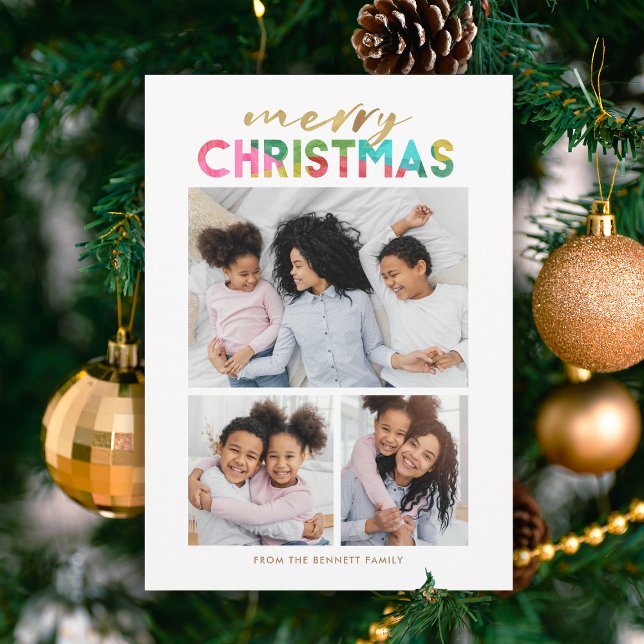 Colourful Christmas Three Photo Collage  Holiday Card (Creator Uploaded)