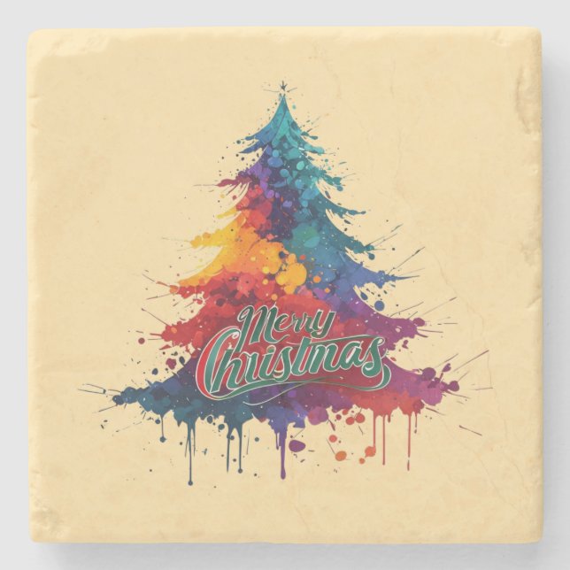 Colourful Christmas Tree Art - Merry Christmas Dec Stone Coaster (Front)