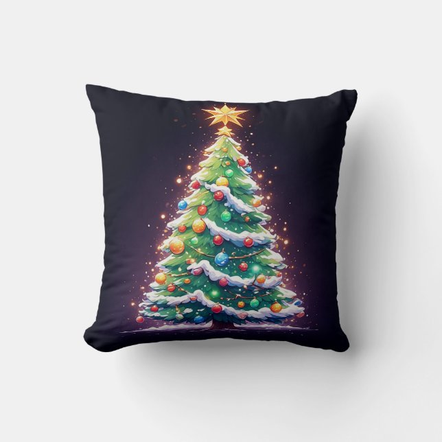Colourful Christmas Tree Decorated with Lights Cushion (Front)