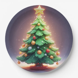Colourful Christmas Tree Decorated with Lights Paper Plate