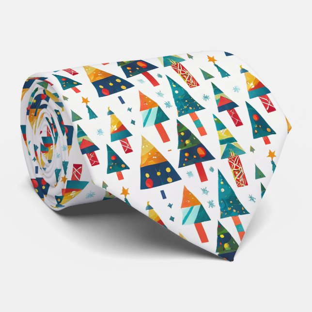 Colourful Christmas Tree Illustration Pine Forest Tie (Rolled)