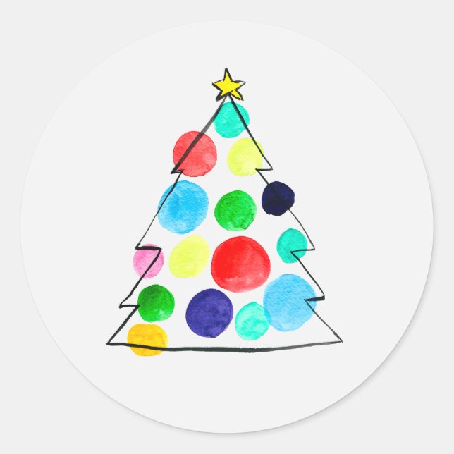 Colourful Christmas tree watercolor Classic Round Sticker (Front)